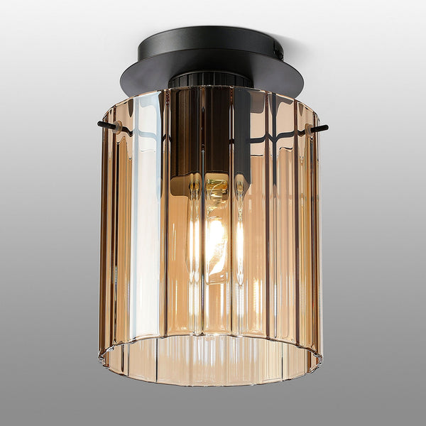 Belstone Wide Ribbed Round Flush Ceiling Light in Dark Grey with Amber Glass
