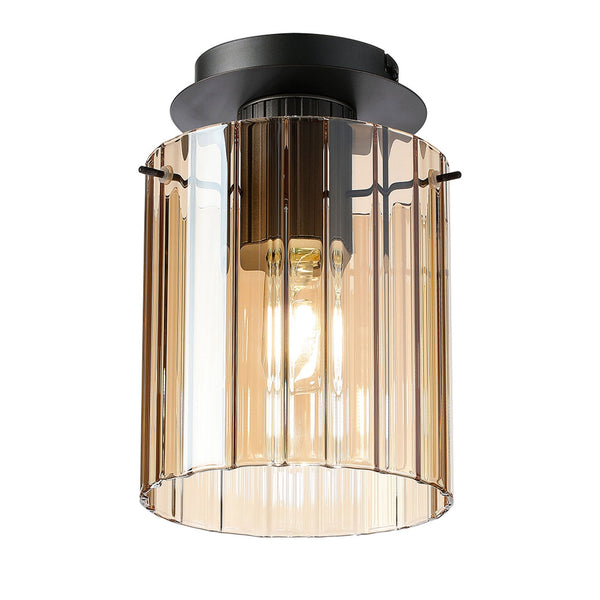Belstone Wide Ribbed Round Flush Ceiling Light in Dark Grey with Amber Glass