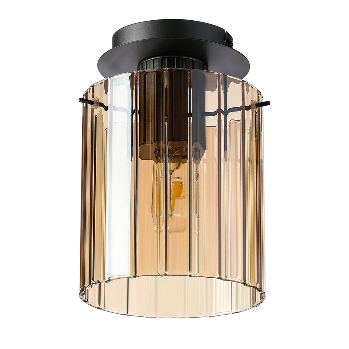 Belstone Wide Ribbed Round Flush Ceiling Light in Dark Grey with Amber Glass