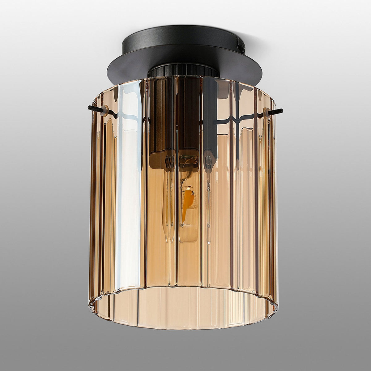 Belstone Wide Ribbed Round Flush Ceiling Light in Dark Grey with Amber Glass