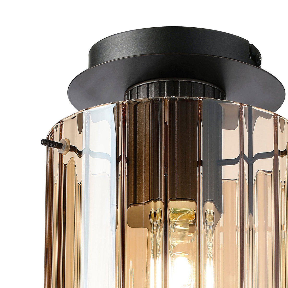 Belstone Wide Ribbed Round Flush Ceiling Light in Dark Grey with Amber Glass
