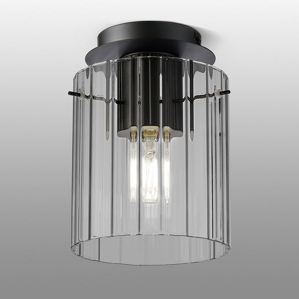 Belstone Wide Ribbed Round Flush Ceiling Light in Dark Grey with Clear Glass