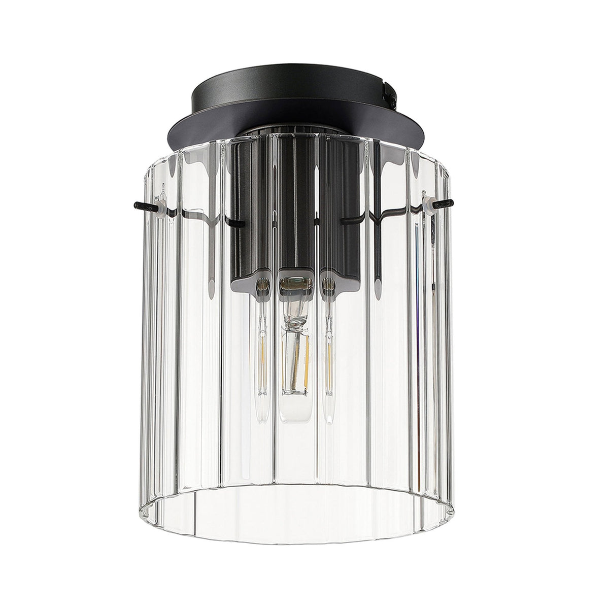 Belstone Wide Ribbed Round Flush Ceiling Light in Dark Grey with Clear Glass