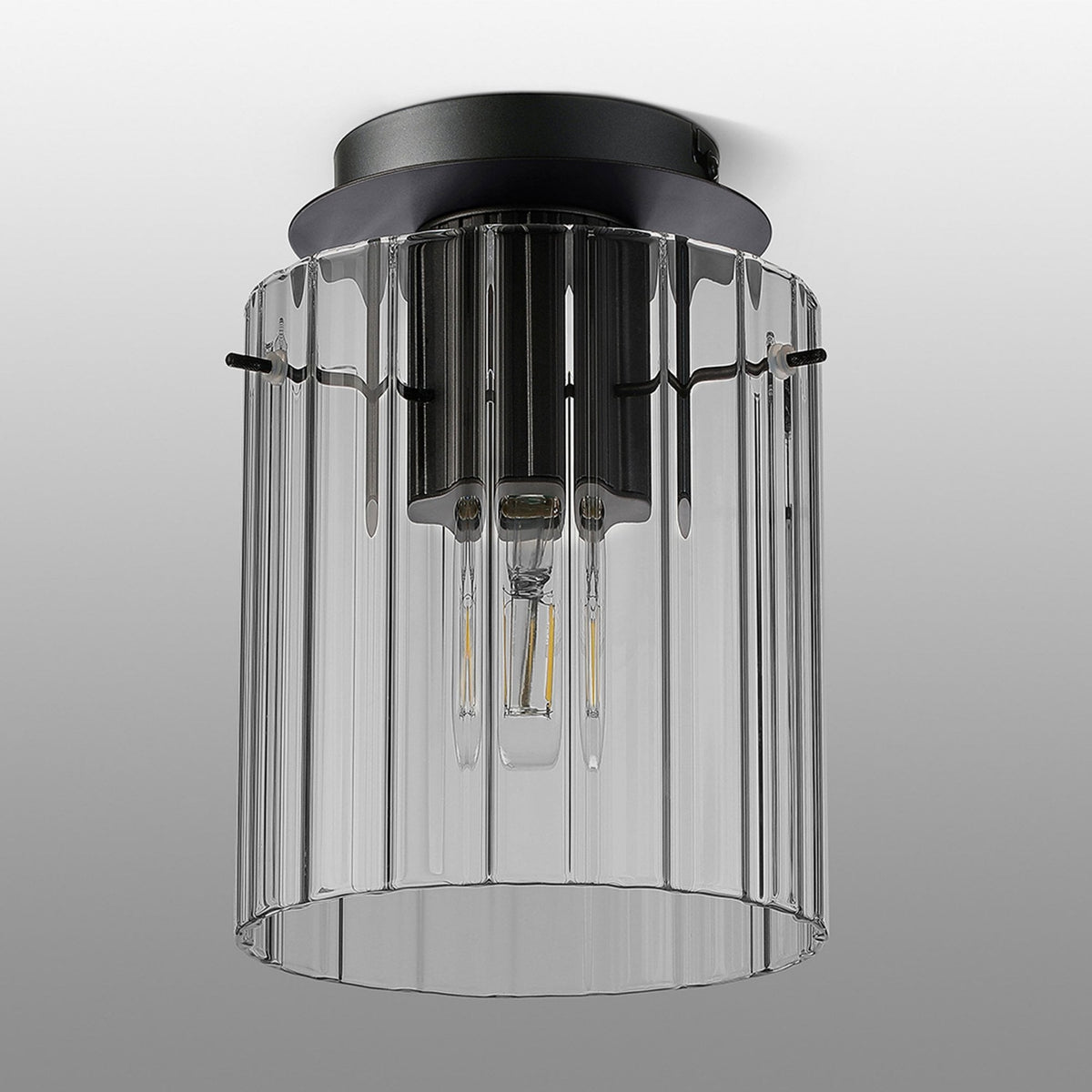Belstone Wide Ribbed Round Flush Ceiling Light in Dark Grey with Clear Glass