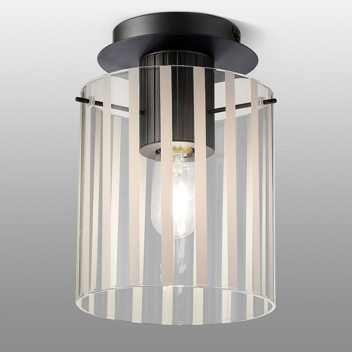 Belstone Wide Ribbed Round Flush Ceiling Light in Dark Grey with Frosted & Clear Glass