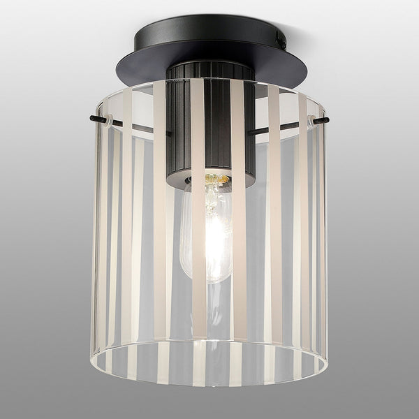 Belstone Wide Ribbed Round Flush Ceiling Light in Dark Grey with Frosted & Clear Glass