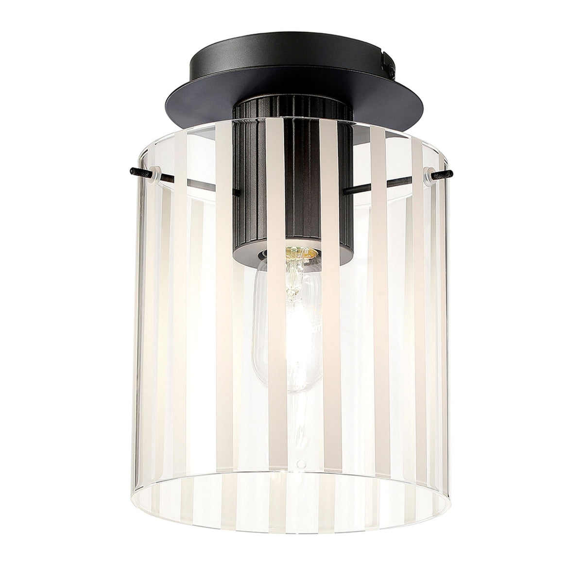 Belstone Wide Ribbed Round Flush Ceiling Light in Dark Grey with Frosted & Clear Glass