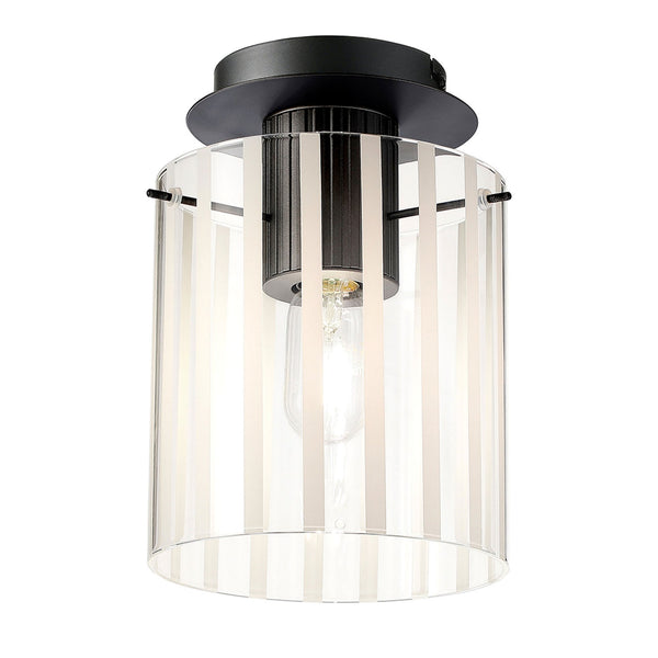 Belstone Wide Ribbed Round Flush Ceiling Light in Dark Grey with Frosted & Clear Glass