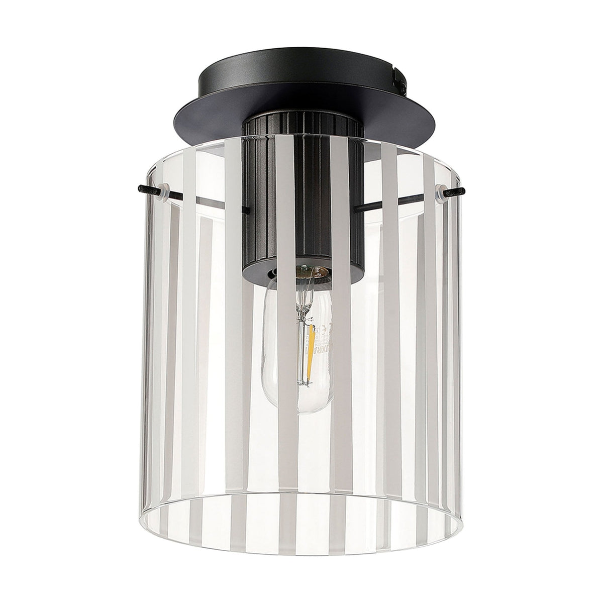 Belstone Wide Ribbed Round Flush Ceiling Light in Dark Grey with Frosted & Clear Glass