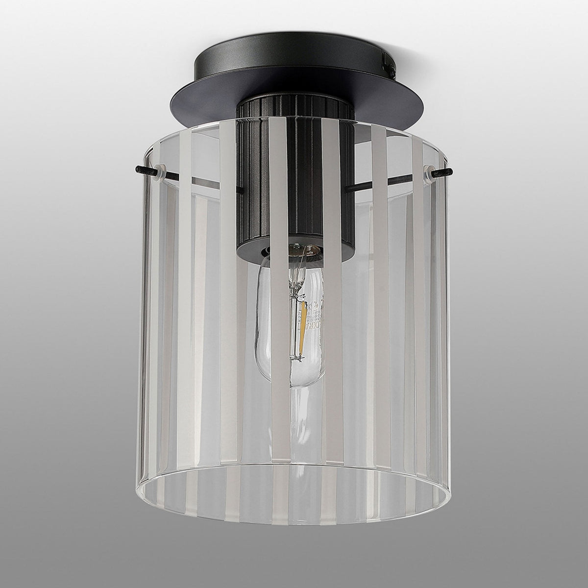 Belstone Wide Ribbed Round Flush Ceiling Light in Dark Grey with Frosted & Clear Glass