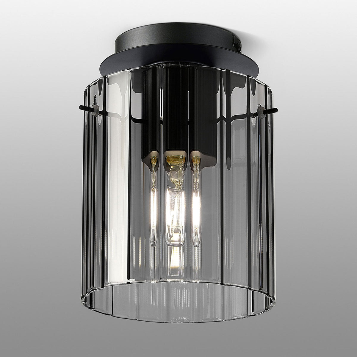 Belstone Wide Ribbed Round Flush Ceiling Light in Dark Grey with Smoke Glass