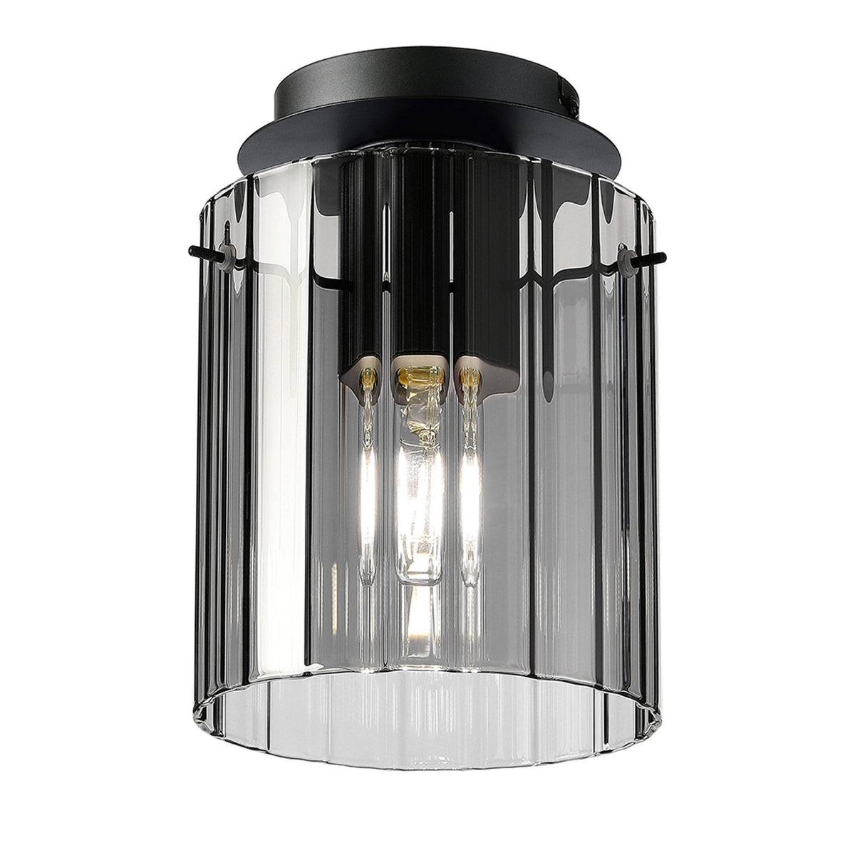 Belstone Wide Ribbed Round Flush Ceiling Light in Dark Grey with Smoke Glass