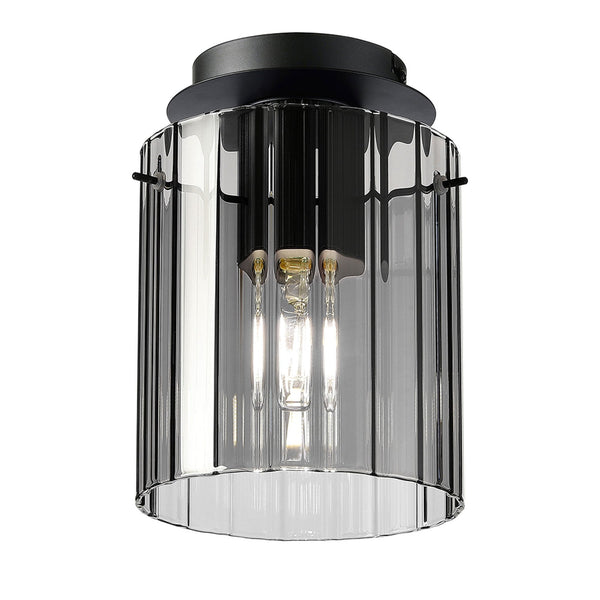 Belstone Wide Ribbed Round Flush Ceiling Light in Dark Grey with Smoke Glass