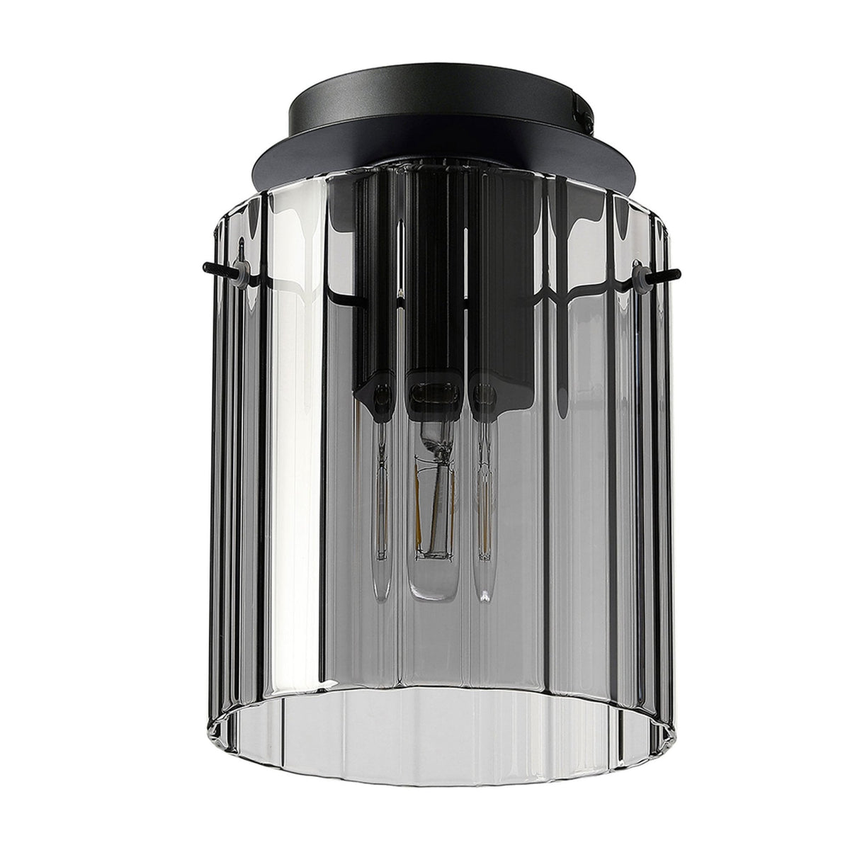 Belstone Wide Ribbed Round Flush Ceiling Light in Dark Grey with Smoke Glass