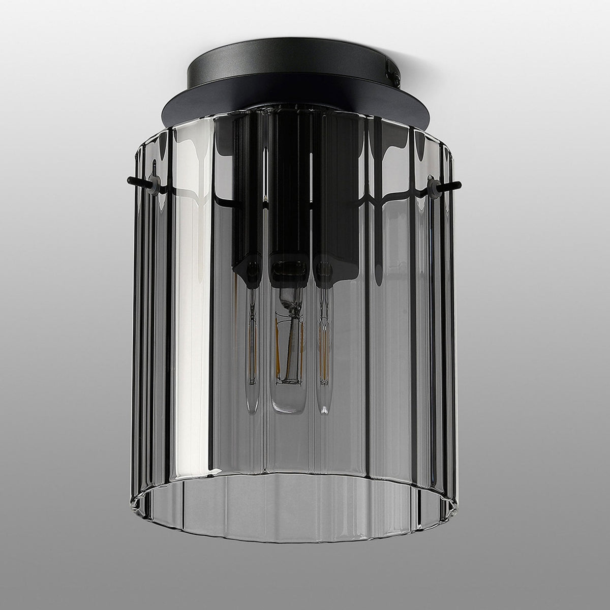 Belstone Wide Ribbed Round Flush Ceiling Light in Dark Grey with Smoke Glass