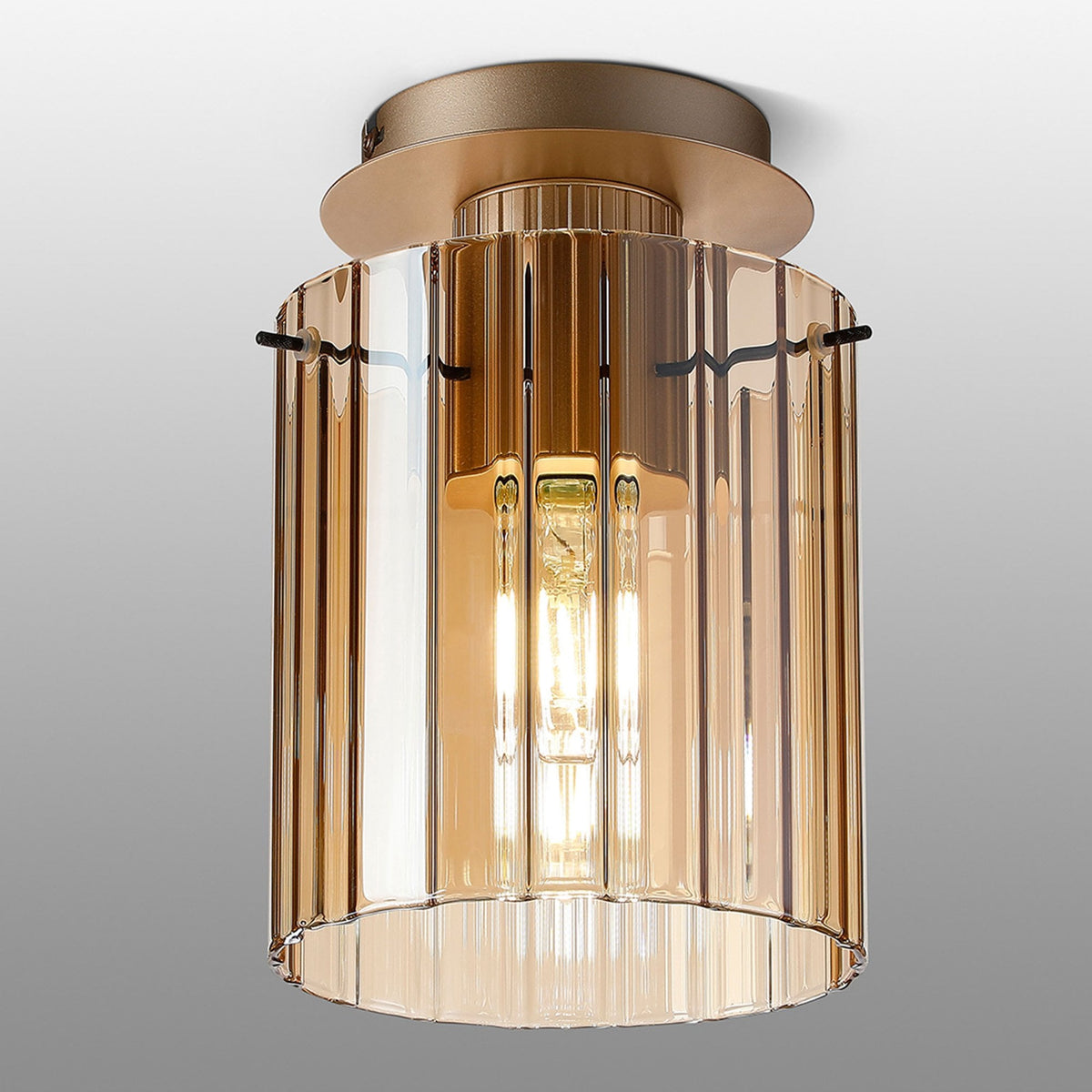 Belstone Wide Ribbed Round Flush Ceiling Light in Light Gold with Amber Glass