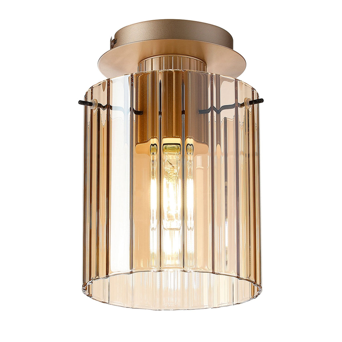 Belstone Wide Ribbed Round Flush Ceiling Light in Light Gold with Amber Glass