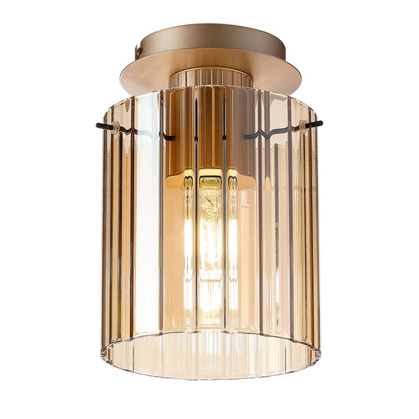 Belstone Wide Ribbed Round Flush Ceiling Light in Light Gold with Amber Glass
