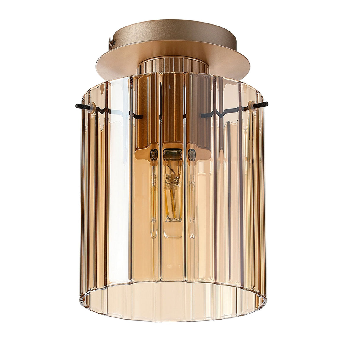 Belstone Wide Ribbed Round Flush Ceiling Light in Light Gold with Amber Glass
