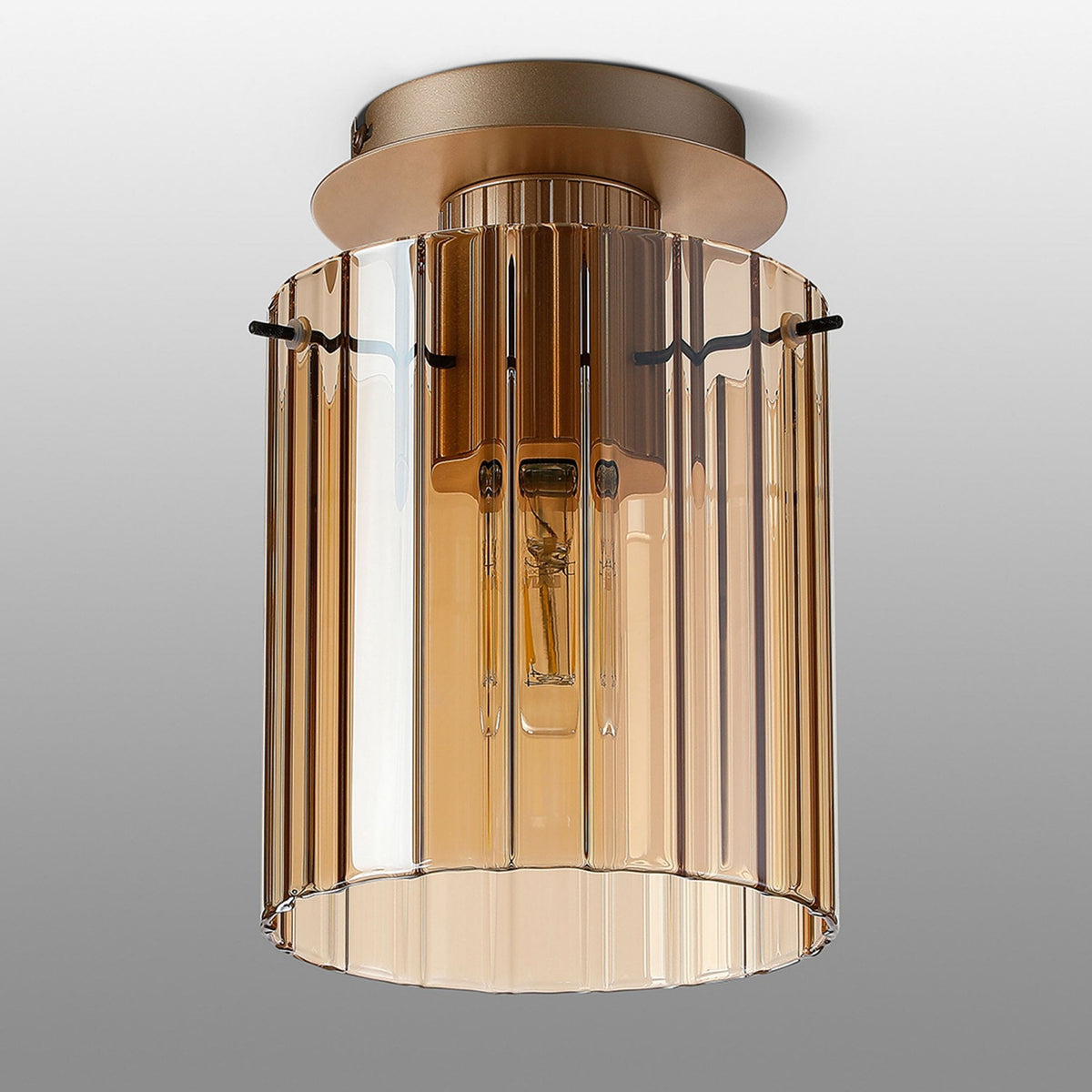 Belstone Wide Ribbed Round Flush Ceiling Light in Light Gold with Amber Glass