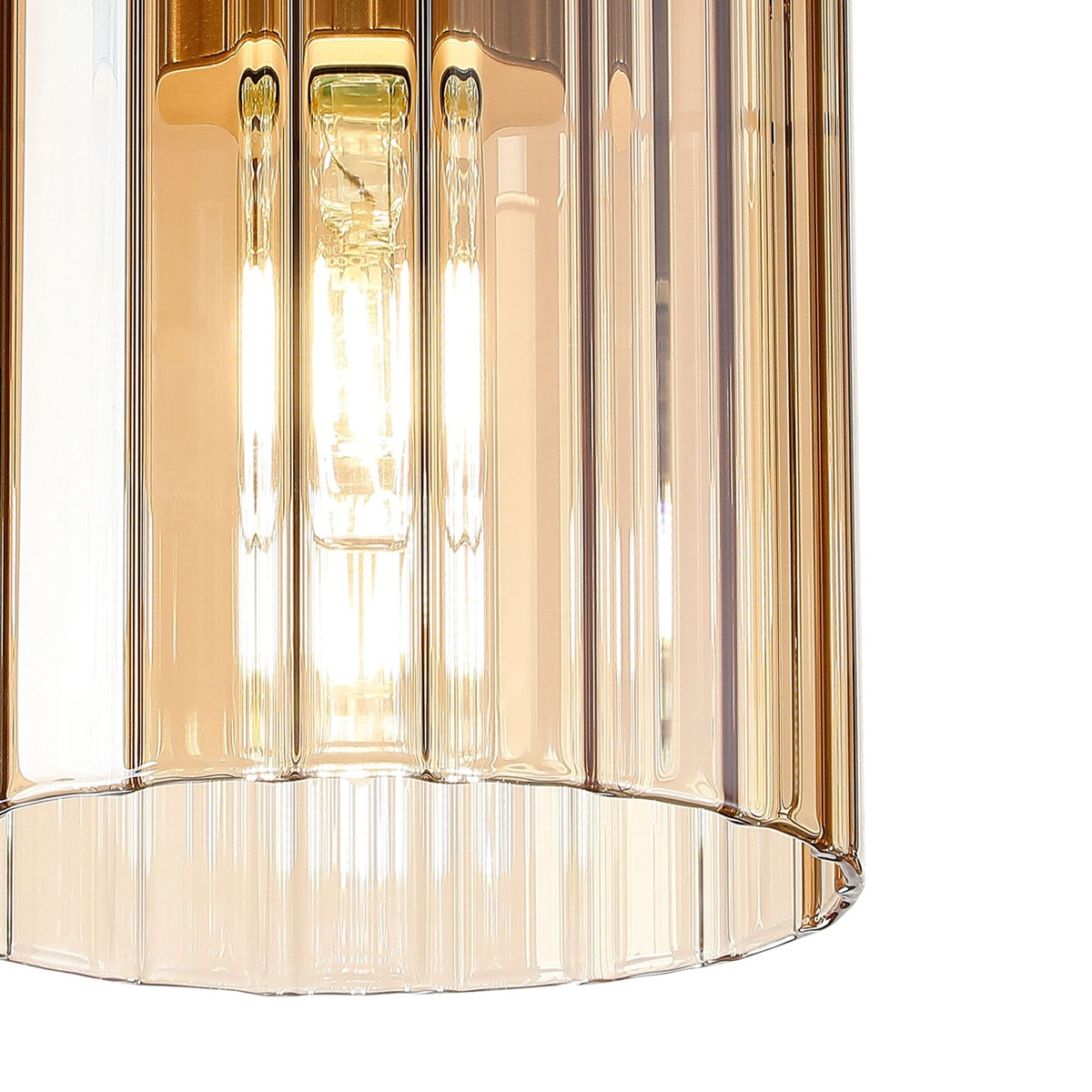 Belstone Wide Ribbed Round Flush Ceiling Light in Light Gold with Amber Glass