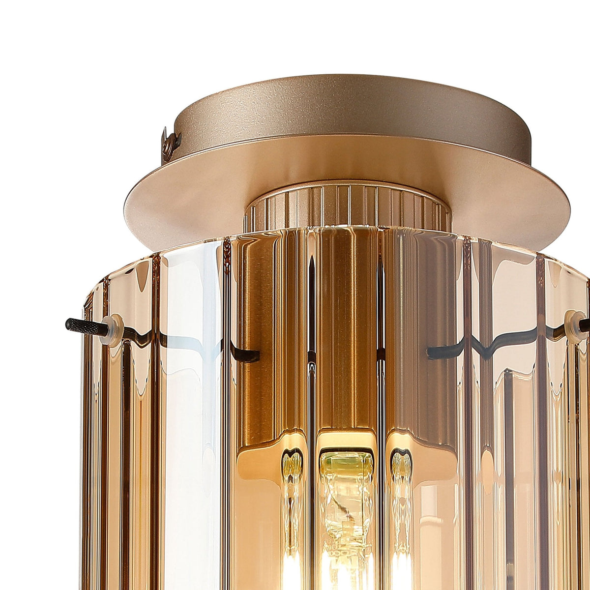 Belstone Wide Ribbed Round Flush Ceiling Light in Light Gold with Amber Glass