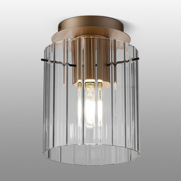 Belstone Wide Ribbed Round Flush Ceiling Light in Light Gold with Clear Glass