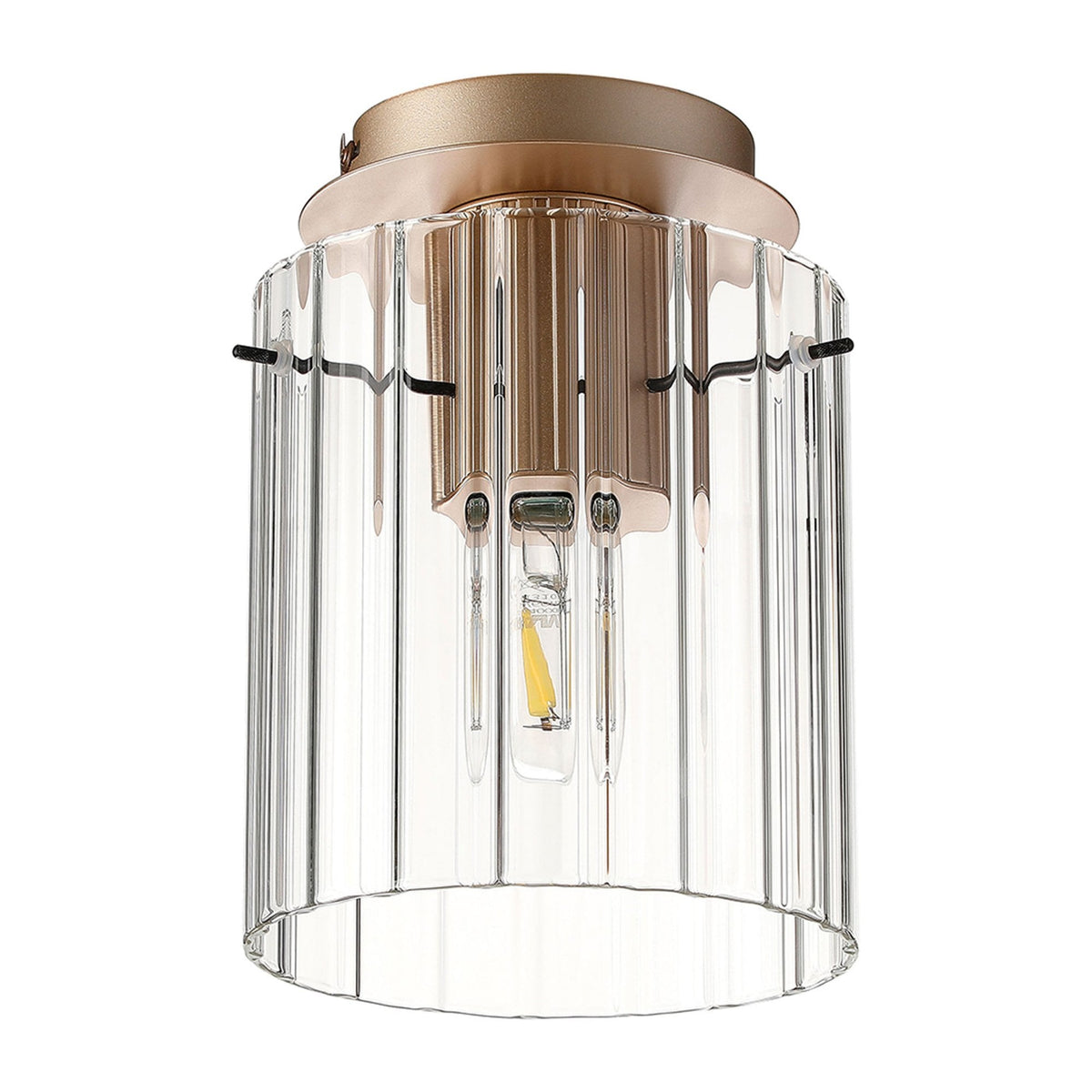 Belstone Wide Ribbed Round Flush Ceiling Light in Light Gold with Clear Glass