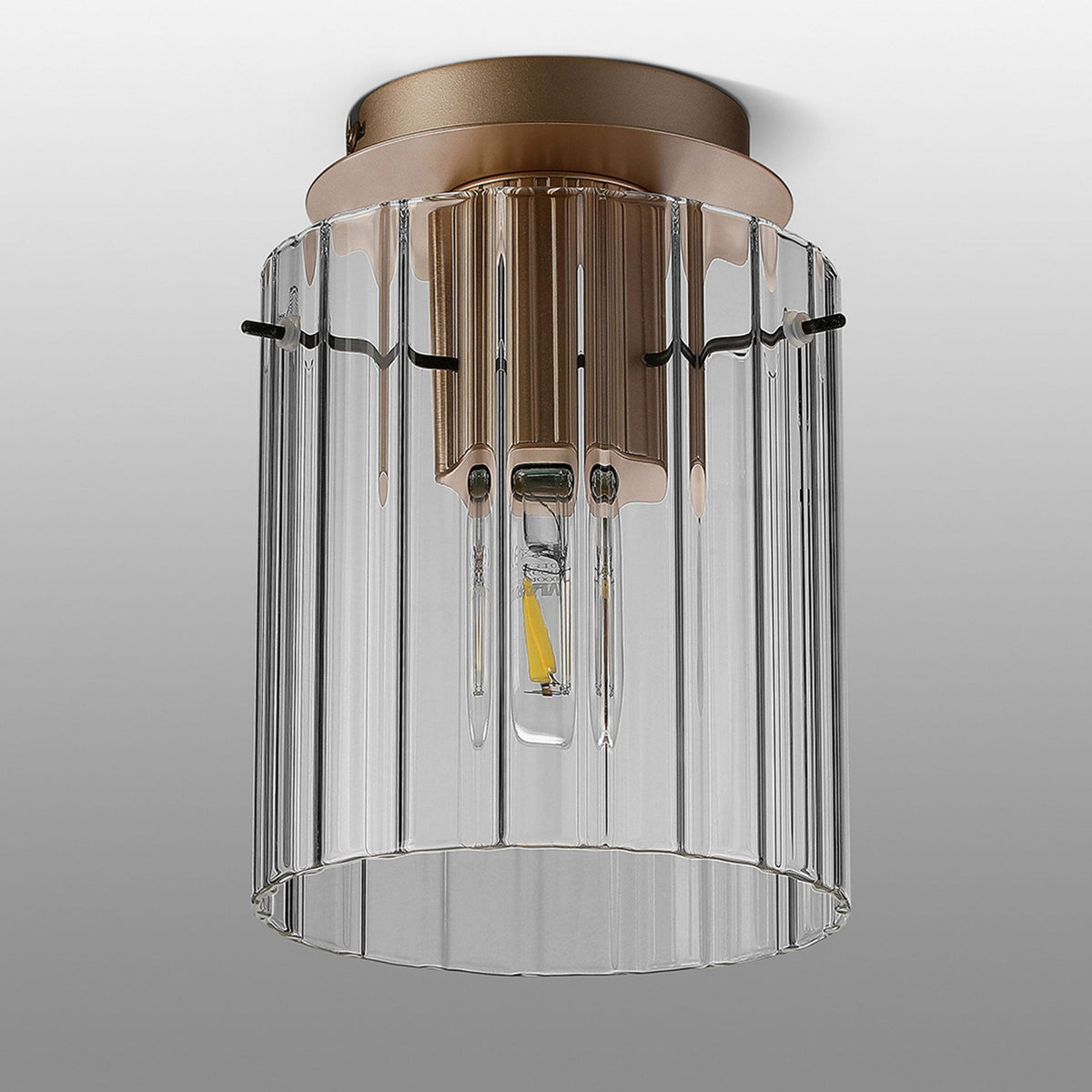 Belstone Wide Ribbed Round Flush Ceiling Light in Light Gold with Clear Glass