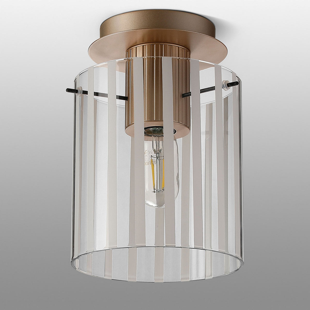 Belstone Wide Ribbed Round Flush Ceiling Light in Light Gold with Frosted & Clear Glass