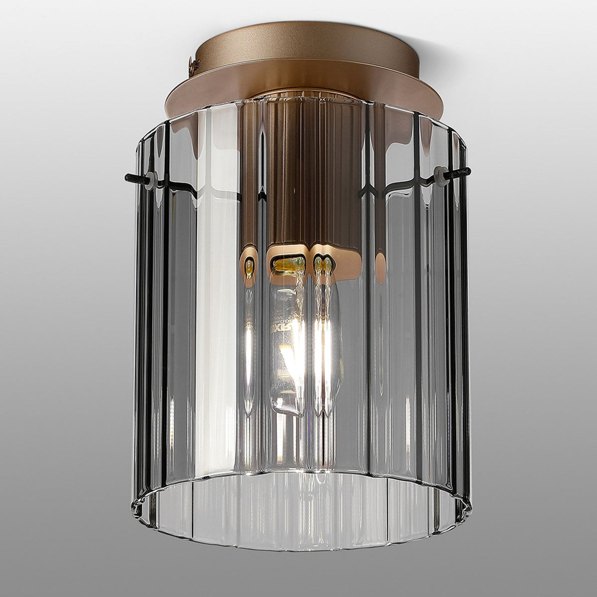 Belstone Wide Ribbed Round Flush Ceiling Light in Light Gold with Smoke Glass