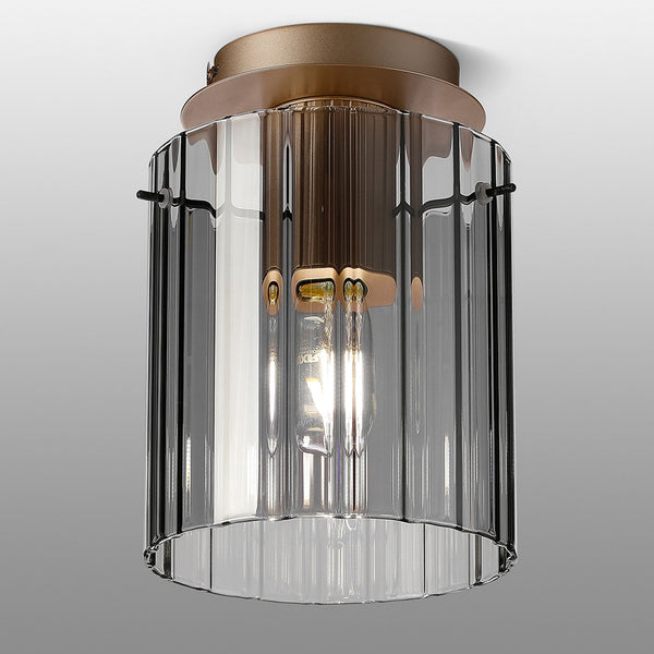 Belstone Wide Ribbed Round Flush Ceiling Light in Light Gold with Smoke Glass