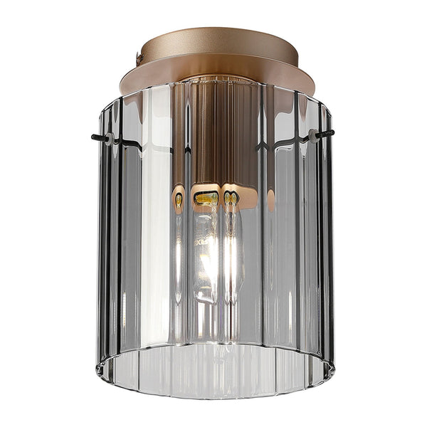 Belstone Wide Ribbed Round Flush Ceiling Light in Light Gold with Smoke Glass