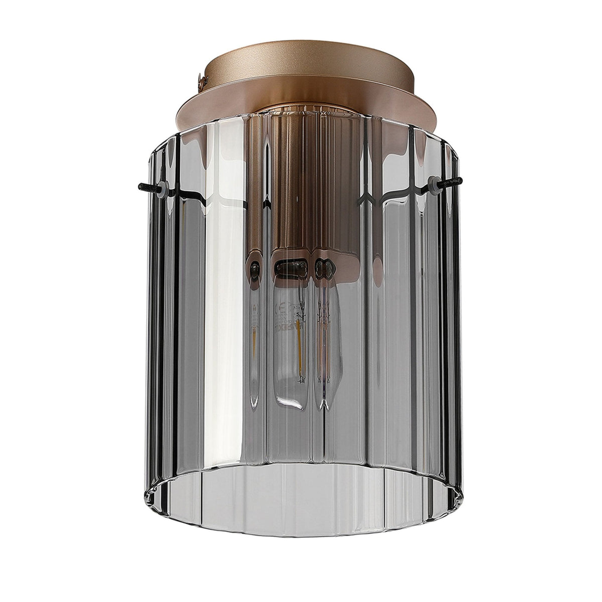 Belstone Wide Ribbed Round Flush Ceiling Light in Light Gold with Smoke Glass