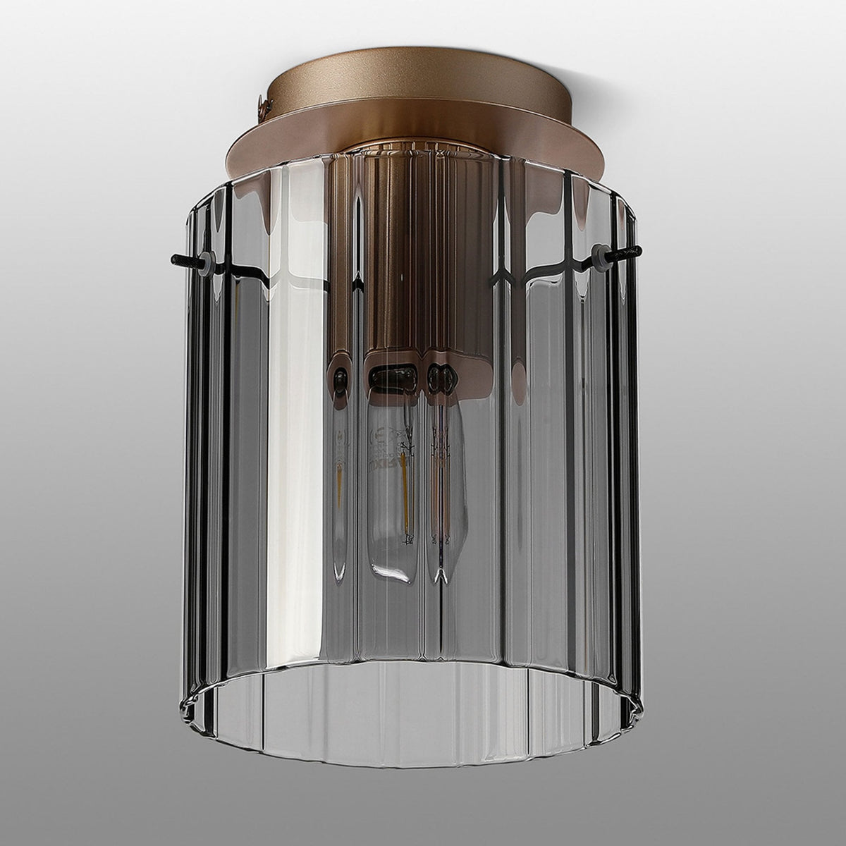 Belstone Wide Ribbed Round Flush Ceiling Light in Light Gold with Smoke Glass