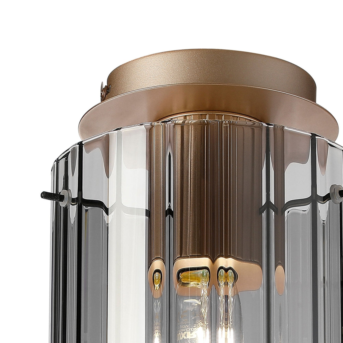 Belstone Wide Ribbed Round Flush Ceiling Light in Light Gold with Smoke Glass