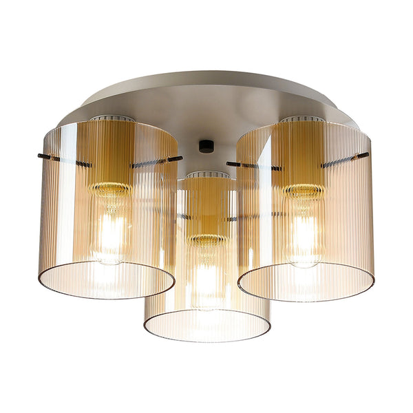 Belstone Fine Ribbed Triple Flush Round Ceiling Light in Beige Stone with Amber Glass