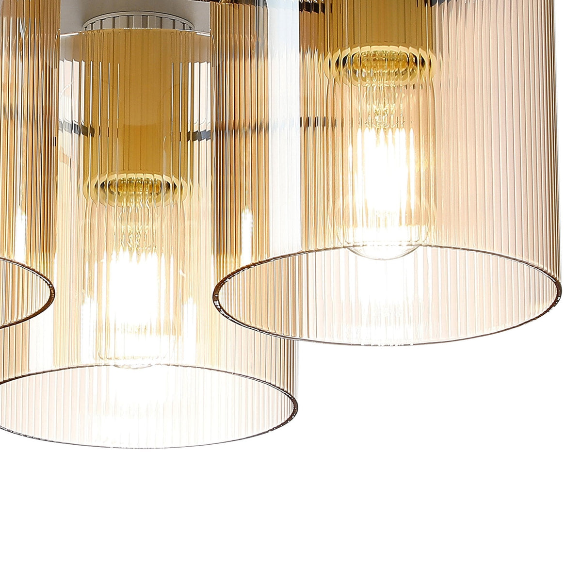 Belstone Fine Ribbed Triple Flush Round Ceiling Light in Beige Stone with Amber Glass