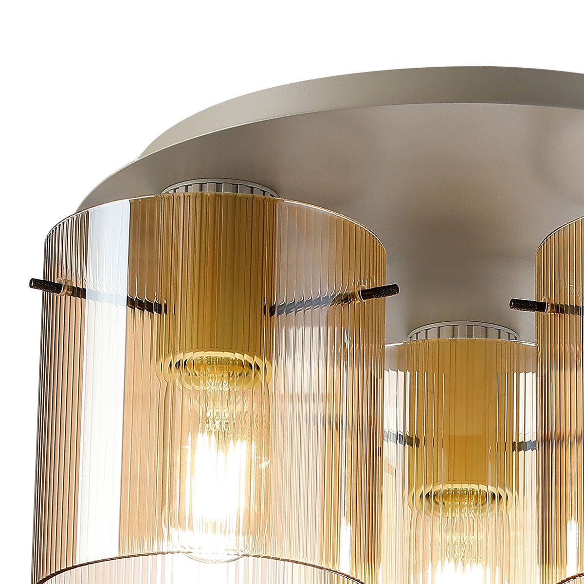 Belstone Fine Ribbed Triple Flush Round Ceiling Light in Beige Stone with Amber Glass