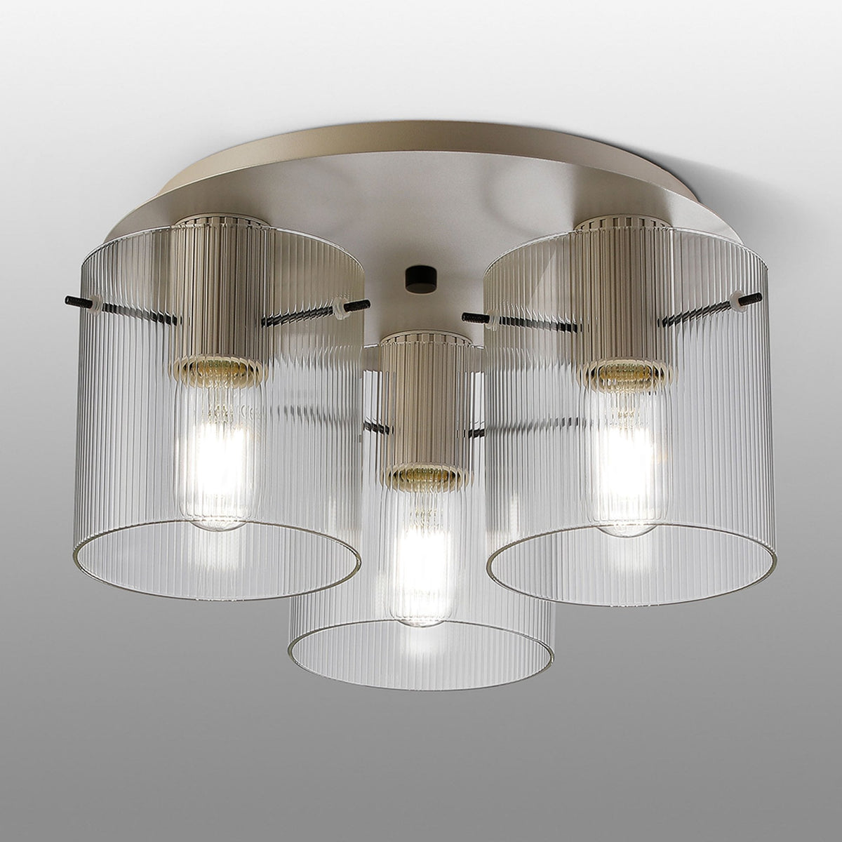 Belstone Fine Ribbed Triple Flush Round Ceiling Light in Beige Stone with Clear Glass