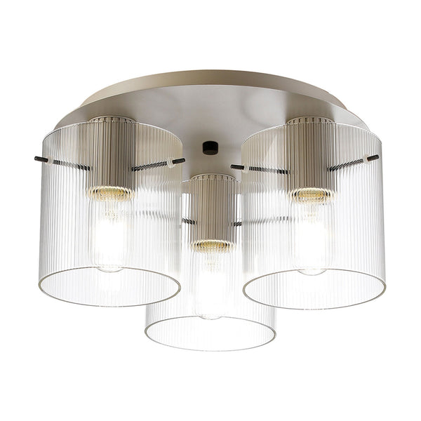Belstone Fine Ribbed Triple Flush Round Ceiling Light in Beige Stone with Clear Glass