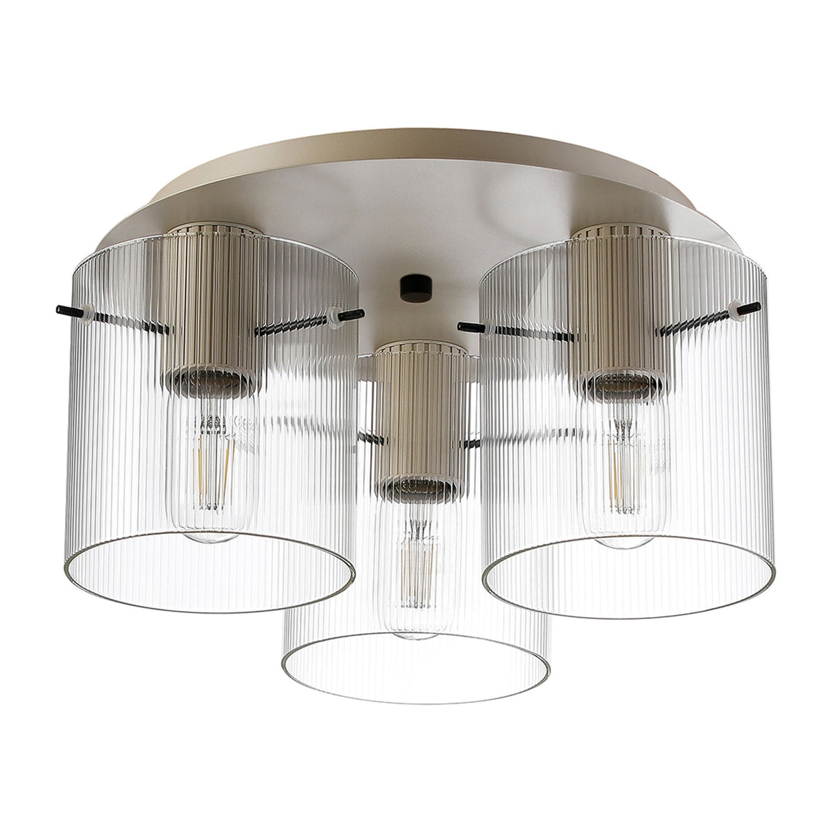 Belstone Fine Ribbed Triple Flush Round Ceiling Light in Beige Stone with Clear Glass