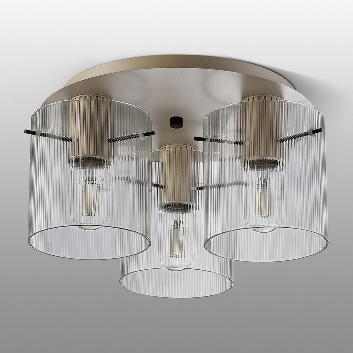 Belstone Fine Ribbed Triple Flush Round Ceiling Light in Beige Stone with Clear Glass