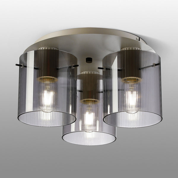 Belstone Fine Ribbed Triple Flush Round Ceiling Light in Beige Stone with Smoke Glass