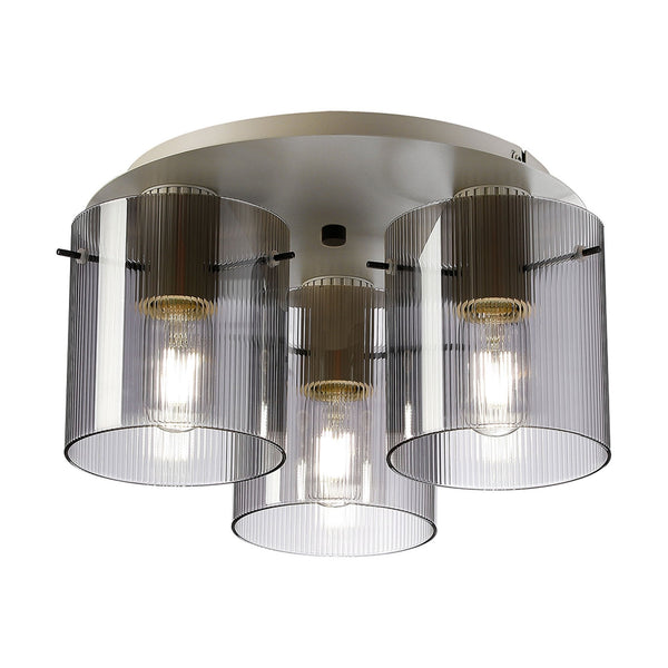 Belstone Fine Ribbed Triple Flush Round Ceiling Light in Beige Stone with Smoke Glass