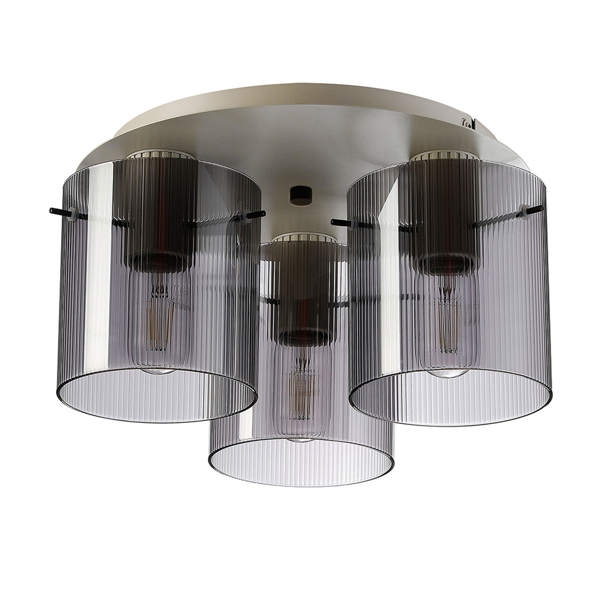Belstone Fine Ribbed Triple Flush Round Ceiling Light in Beige Stone with Smoke Glass