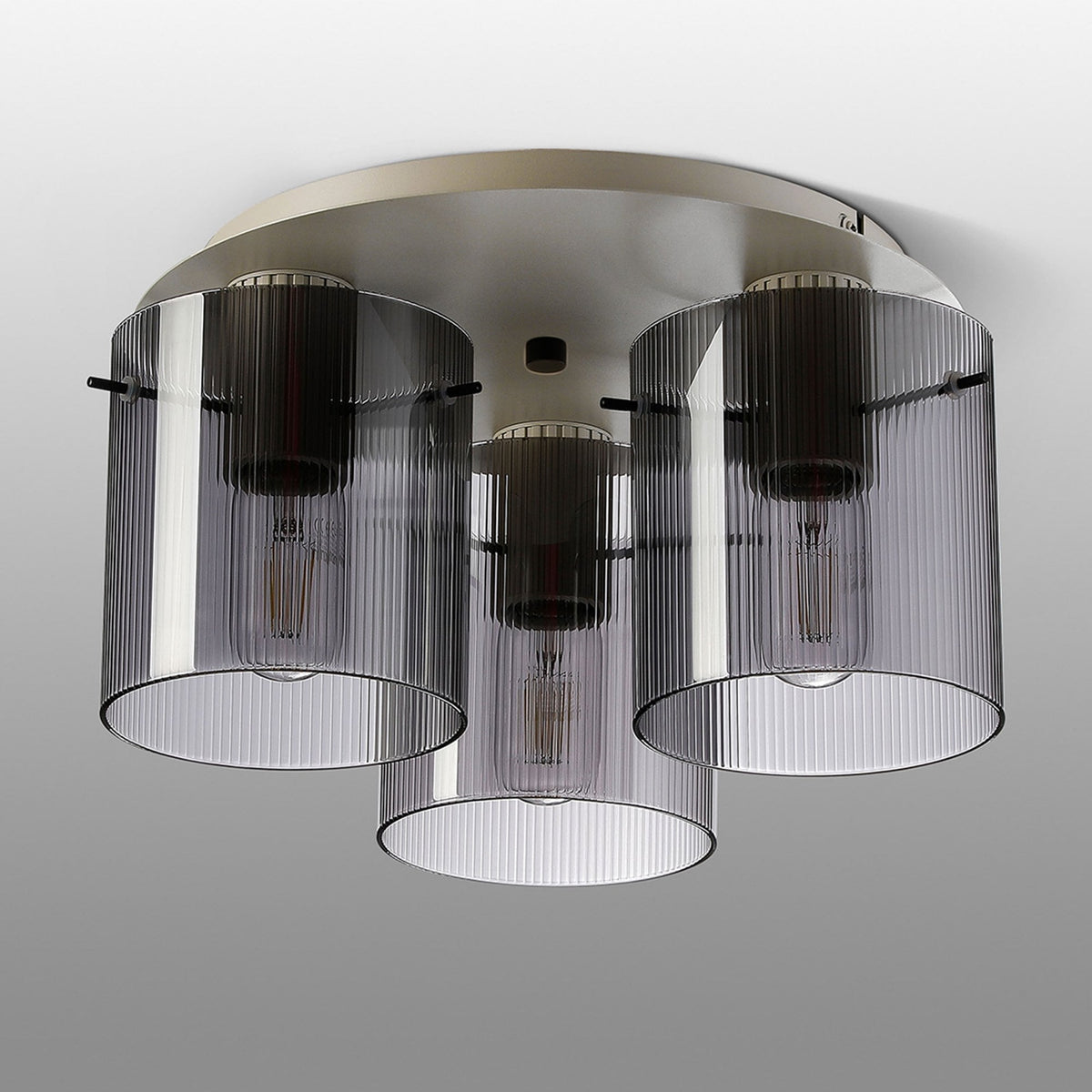 Belstone Fine Ribbed Triple Flush Round Ceiling Light in Beige Stone with Smoke Glass