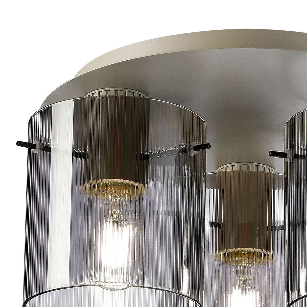 Belstone Fine Ribbed Triple Flush Round Ceiling Light in Beige Stone with Smoke Glass
