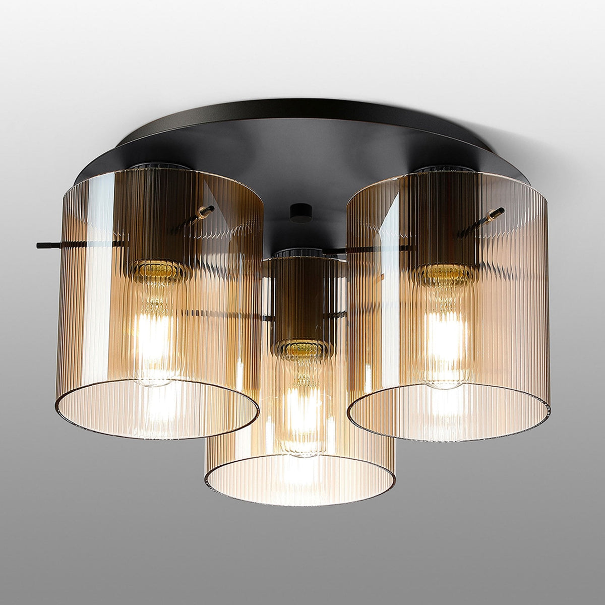 Belstone Fine Ribbed Triple Flush Round Ceiling Light in Dark Grey with Amber Glass