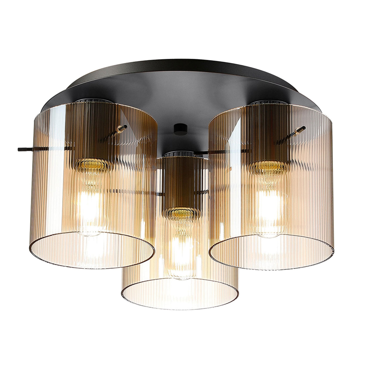Belstone Fine Ribbed Triple Flush Round Ceiling Light in Dark Grey with Amber Glass
